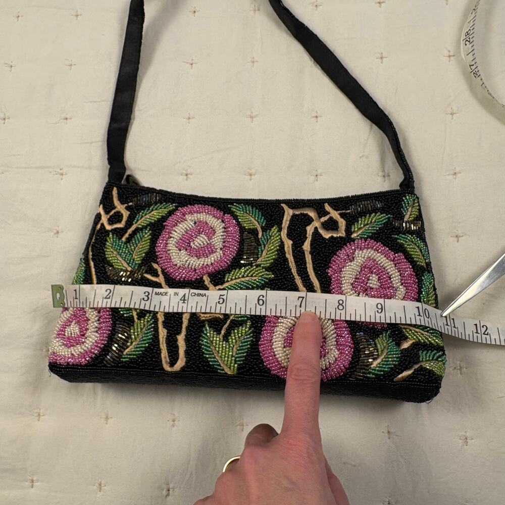 Y2K Vintage Beaded Floral Clutch Bag Black Pink Evening Wedding Handbag Purse - Picture 7 of 10
